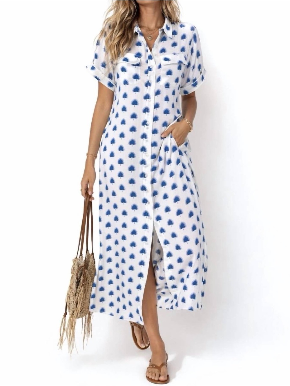 Skemo White Maxi Shirt Dress with Blue Dot Print